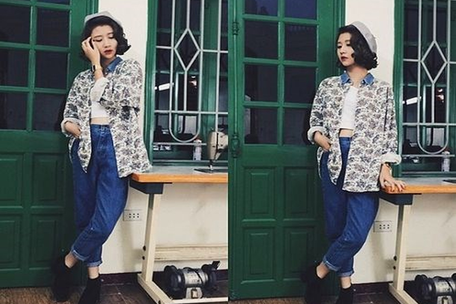 Mẫu vintage áo rộng, quần cạp cao vẫn là item không thể thiếu của hotgirl Hà Thành