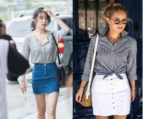 Chân váy Jean và áo sơ mi tạo nét đẹp trẻ trung, hiện đại.