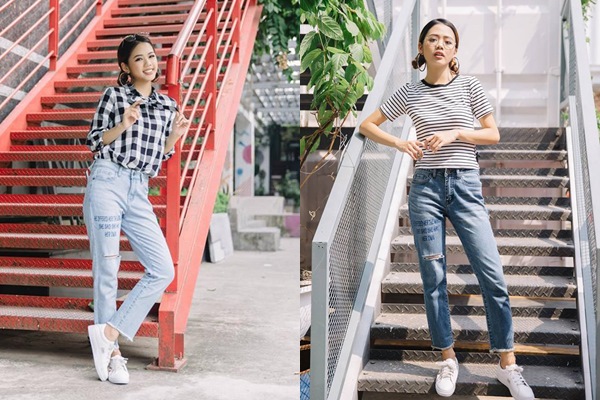 Kết hợp giày thể thao mặc với quần jean xanh