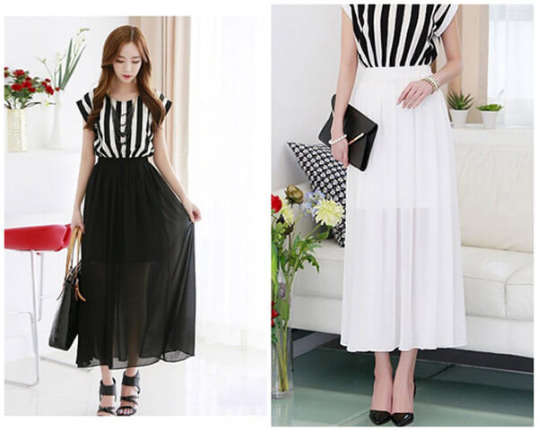 Chân váy dài vintage trắng, đen rất dễ để phối với những món đồ khác
