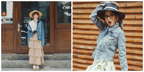 Sở hữu áo khoác jean với váy vintage siêu xinh