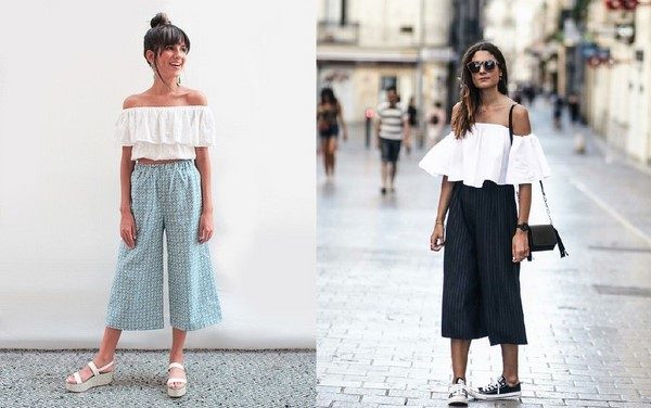 Quần culottes và áo trễ vai